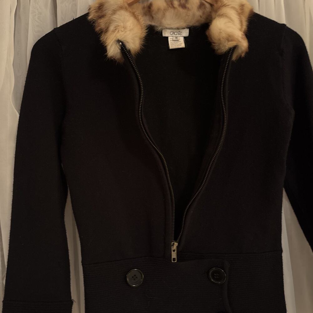 Vintage Cache Black Zip Up Button Sweater Real Fur Collar Women Sz M Silk Blend - Picture 7 of 14